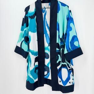 Chico’s Travelers Blue Abstract Open Front Kimono Jacket S/M Lightweight